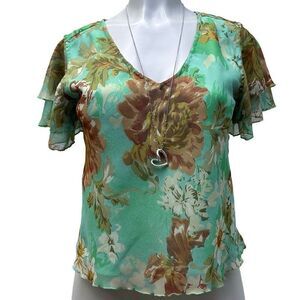 Vintage Nolita NYC Blouse Top Women's Small Green Brown Floral Flutter Sleeve